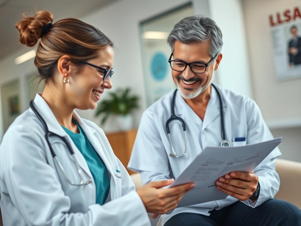 A healthcare professional discussing medical documents with a patient in a friendly, supportive manner. The setting is a well-lit clinic with soft colors, displaying a sense of trust and collaboration, emphasizing the importance of patient involvement.