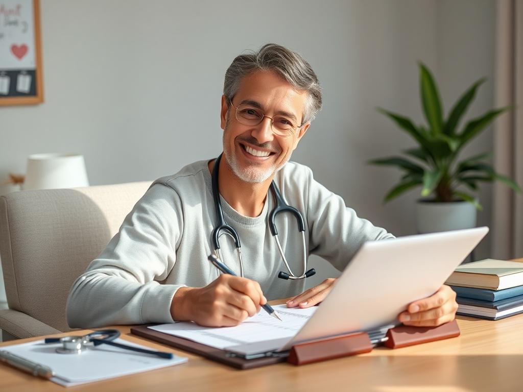 A calming, well-lit scene of a patient sitting comfortably at a desk, filling out medical decision-making documents with a warm smile. Soft, natural lighting creates a supportive atmosphere. The background should include gentle medical elements, like a stethoscope and a potted plant, to convey a sense of care and professionalism.