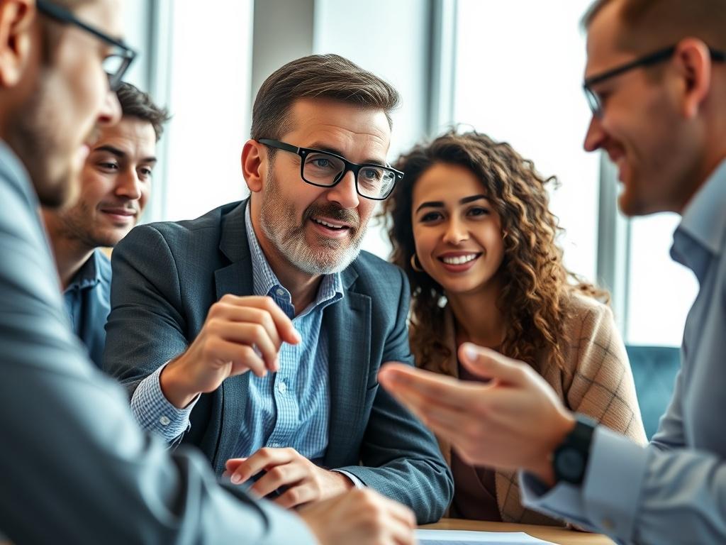 A close-up shot of a professional service leader engaged in a collaborative meeting with team members, sharing ideas and strategies. The setting is a bright, modern conference room. The expressions of the participants convey enthusiasm and engagement. The image illustrates teamwork and a focus on performance improvement, with a sense of energy and innovation.