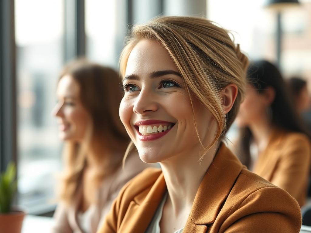 A close-up shot of a professional service leader smiling and looking inspired, surrounded by natural light in a modern office setting. The subject appears engaged and happy, reflecting a sense of fulfillment. The background is softly blurred to emphasize the subject. The image captures the essence of passion and motivation, with warm colors enhancing the inviting atmosphere.