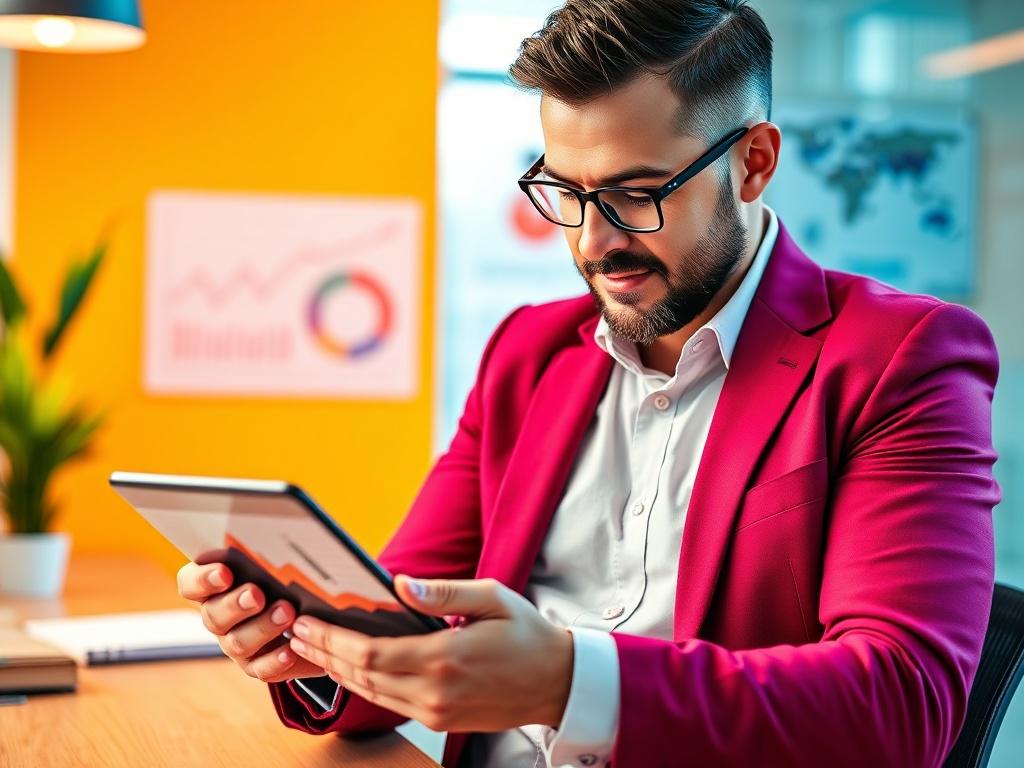 A vibrant image of a professional service leader reviewing charts and graphs on a tablet, indicating growth and success. The setting is a modern office with bright colors and motivational elements in the background. The leader appears focused and determined, showcasing a proactive approach to business growth. The atmosphere conveys positivity and ambition.