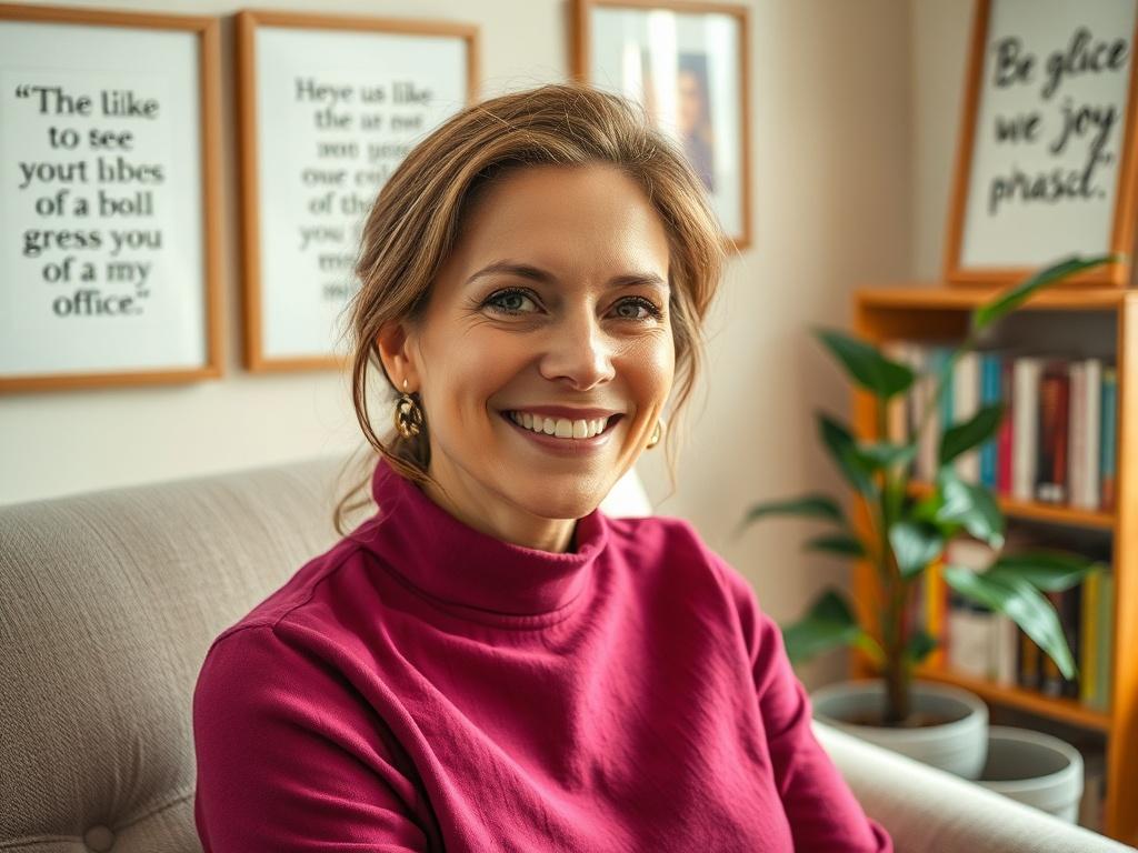 **Prompt for AI Image Generator:**

Create a realistic, high-resolution close-up photograph focusing on a professional, mid-30s female therapist in her cozy, well-lit office. She is sitting comfortably in an inviting armchair, wearing a warm smile that radiates joy and contentment. The subject's expression should reflect a sense of serenity and passion for her work, capturing the essence of "Recapturing Joy in Your Practice."

The background should be softly blurred, featuring softly colored walls adorned w