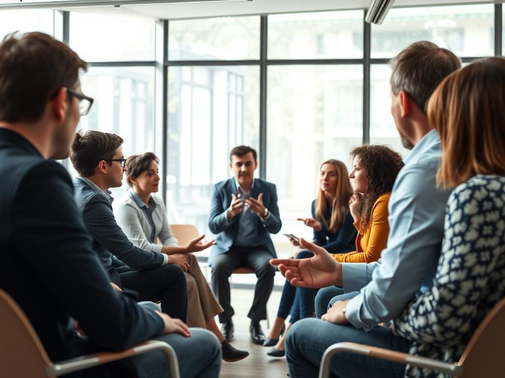A dynamic leadership workshop in progress, featuring a facilitator engaging with participants in a circle format. The participants, a diverse group of professionals, are actively discussing and sharing ideas. The setting is a bright, modern conference room filled with natural light, emphasizing creativity and collaboration.