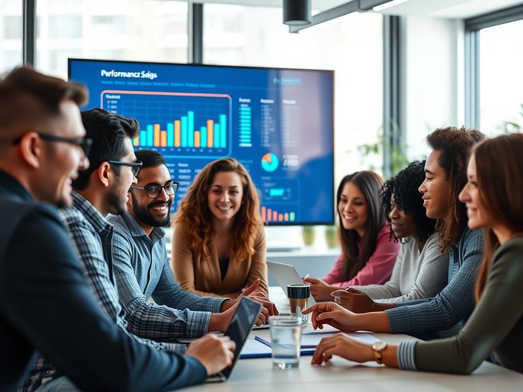 A close-up shot of a diverse team working together in a modern office, focused on a digital performance dashboard on a large screen. The atmosphere is collaborative and energetic, showcasing teamwork and engagement. The lighting is bright and inviting, enhancing the sense of productivity.