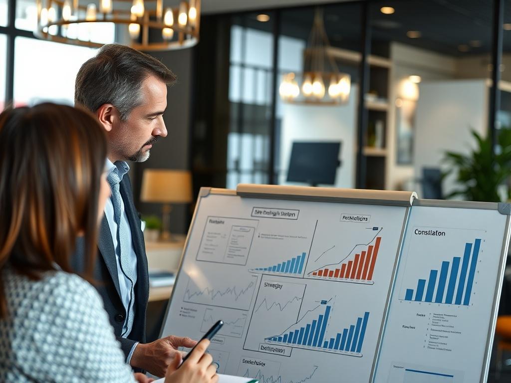 A professional consultant in an office setting, engaging in a discussion with a business leader. The focus is on a whiteboard filled with strategic plans and graphs, symbolizing growth. The background shows an elegant office space with modern decor, emphasizing a productive atmosphere.