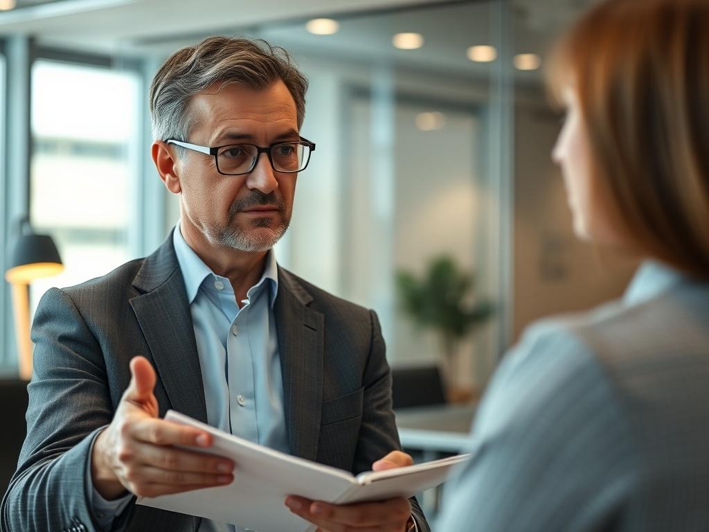 A close-up shot of a professional advisor in a modern office setting, engaged in a focused conversation with a client. The advisor, a middle-aged person with a thoughtful expression, is wearing business attire and gesturing towards a notepad filled with strategic notes. The background shows a sleek office environment with warm lighting, emphasizing a sense of calm and professionalism. The overall composition is clear and simple, highlighting the advisor's expertise and the collaborative atmosphere.