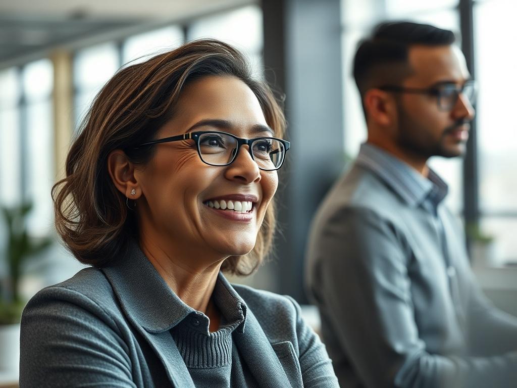 A close-up shot of a professional service leader in a bright office environment, smiling and engaged in a thoughtful discussion with a colleague. The background features a modern workspace with soft natural lighting. The subject is focused and inspired, showcasing a sense of renewed passion and energy. The image should have a hyper-realistic quality, captured with a 45mm f/1.2 lens, emphasizing the warm colors compatible with the #CFB07C primary color.