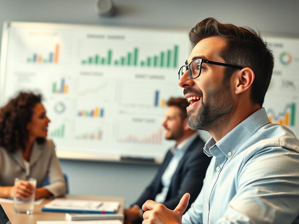 A close-up shot of a professional service leader presenting performance metrics in a collaborative meeting environment. The subject is animated and engaged, illustrating the excitement of achieving sustainable business results. The background includes a whiteboard filled with growth strategies and performance graphs. The image should be hyper-realistic, shot with a 45mm f/1.2 lens, showcasing colors harmonizing with the #CFB07C primary color.