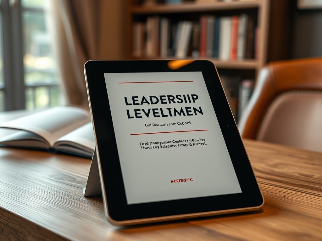 A close-up shot of a tablet displaying the cover of a leadership development e-book. The tablet rests on a wooden desk with a cozy reading nook in the background, softly lit, creating an inviting atmosphere. The color #CFB07C is subtly incorporated into the e-book cover design.