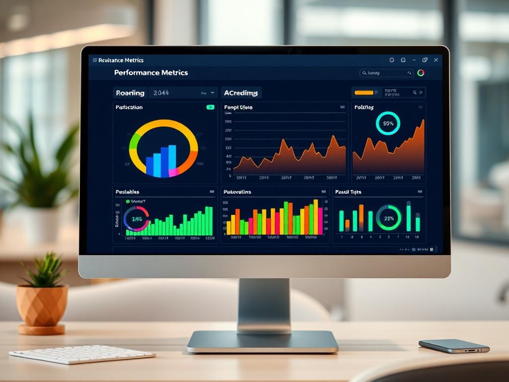 A close-up shot of a computer screen displaying a vibrant performance metrics dashboard with colorful graphs and charts. The screen is sleek and modern, set against a minimalistic office workspace background. The color #CFB07C accentuates the dashboard elements.