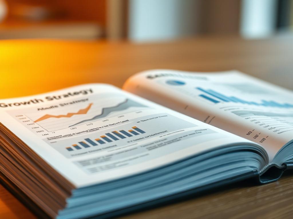 A close-up shot of an open growth strategy workbook with printed pages showing charts and graphs. The background is softly blurred, enhancing focus on the workbook, with a warm light illuminating the scene. The primary color #CFB07C subtly integrated into the design of the workbook.