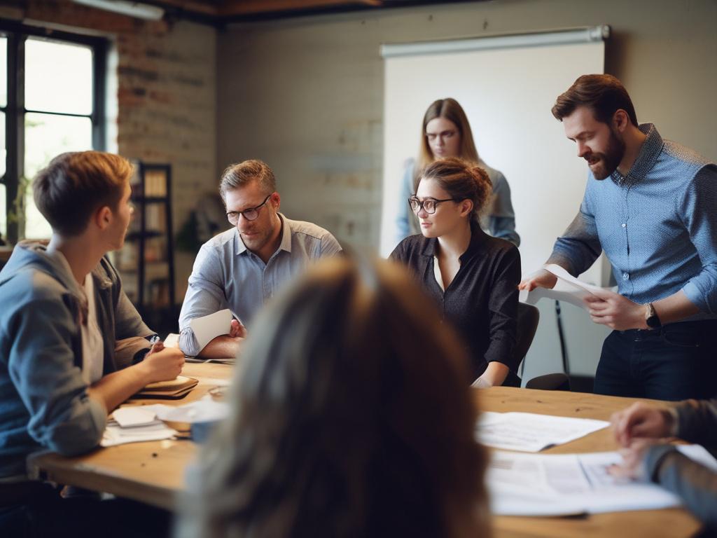 A close-up image of a workshop setting, capturing a facilitator leading a dynamic group discussion. Participants are engaged, taking notes, and sharing ideas in a bright, modern conference room. The background should include colorful, creative visuals on the walls that inspire collaboration. The shot should be taken with a 45mm f/1.2 lens to focus on the facilitator while softly blurring the participants in the background.