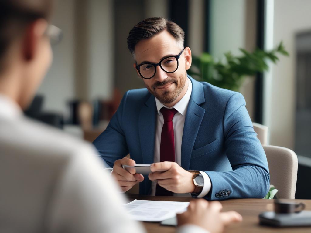 A close-up shot of a professional consultant in a modern office setting, engaged in a discussion with a client. The consultant is confidently presenting a strategy on a tablet, showcasing a dynamic interaction. The background features sleek office decor with soft lighting, emphasizing a focused yet inviting atmosphere. The image should be shot with a 45mm f/1.2 lens to create a soft blur effect, drawing attention to the consultant's expressions.