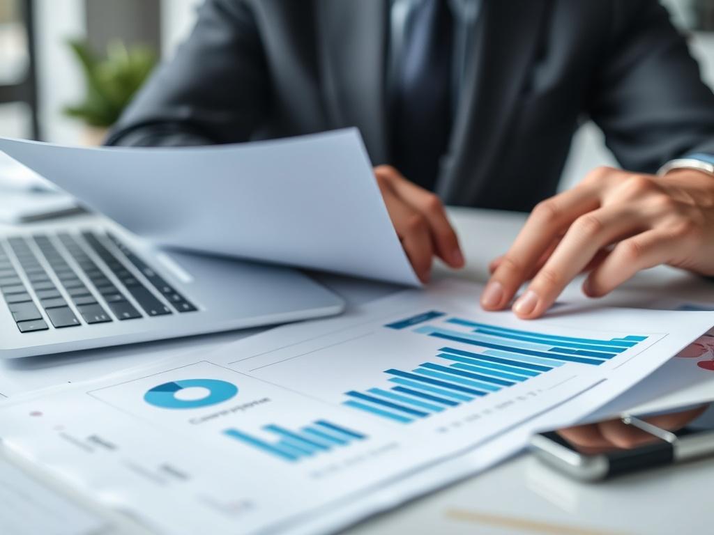 Create a hyper-realistic close-up shot of a business professional analyzing financial reports on a desk. The setting should be clean and organized, with a focus on charts and graphs indicating rising profits. The background should be softly blurred to emphasize the subject, and the overall color tone should complement the #CFB07C primary color.