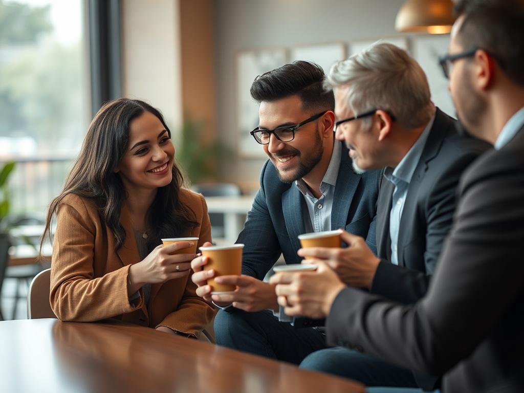 A diverse group of professionals engaging in conversation over coffee, embodying collaboration and connection, with a warm ambiance, captured in hyper-realistic detail with a 45mm f/1.2 lens. The background should be softly blurred to focus on the group.