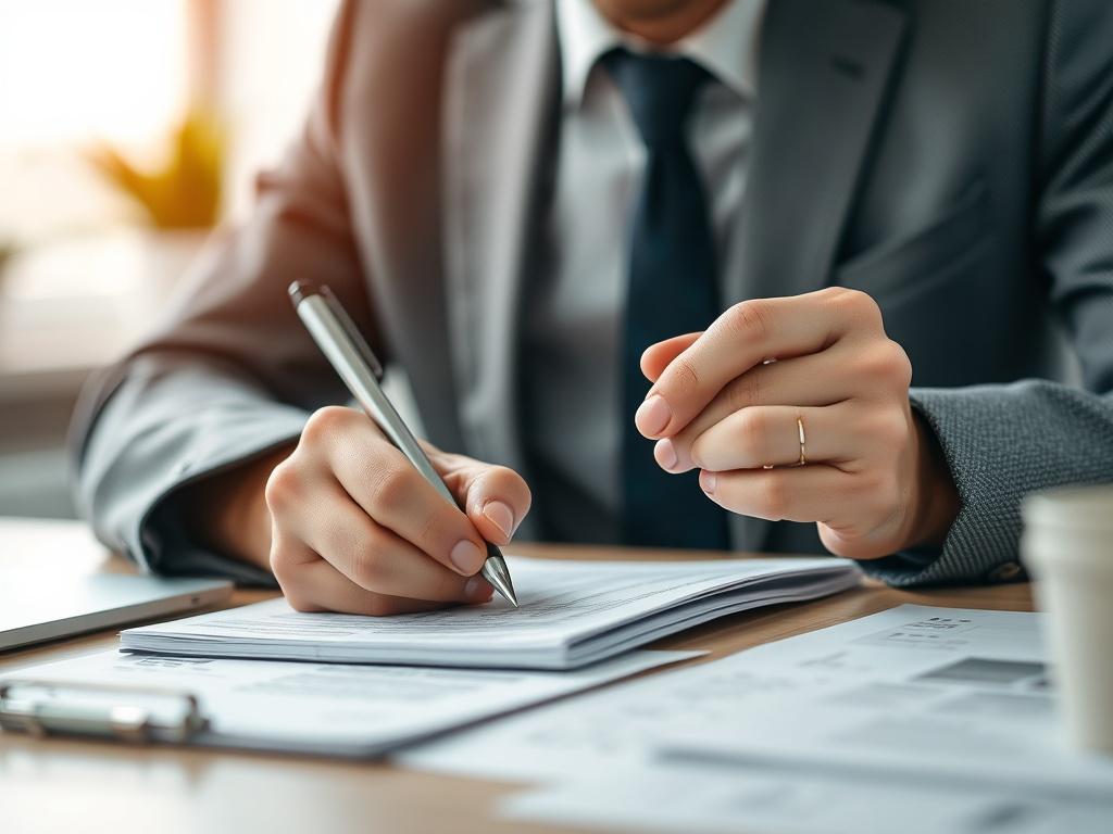 A professional jotting down notes from a newsletter at a desk, with a notepad and pen in hand, highlighting engagement and focus, captured in hyper-realistic detail with a 45mm f/1.2 lens. The background should be a simple office setting.