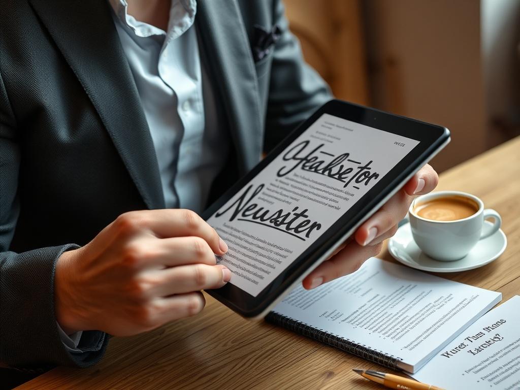 A close-up of a professional reading a newsletter on a tablet, surrounded by notes and a cup of coffee, with a warm and inviting atmosphere, shot in hyper-realistic detail with a 45mm f/1.2 lens. The background should be softly blurred to emphasize the subject.