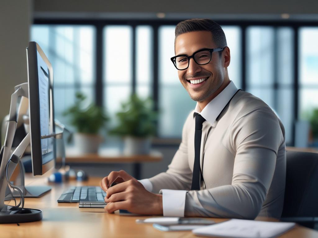 Create a hyper-realistic close-up shot of a professional service leader smiling confidently while working at their desk. The focus should be on their face and upper body, capturing a moment of clarity and focus. The background should be softly blurred to emphasize the leader, with natural light enhancing the workspace atmosphere. The color palette should harmonize with the primary color #CFB07C, creating a warm and inviting yet professional ambiance.