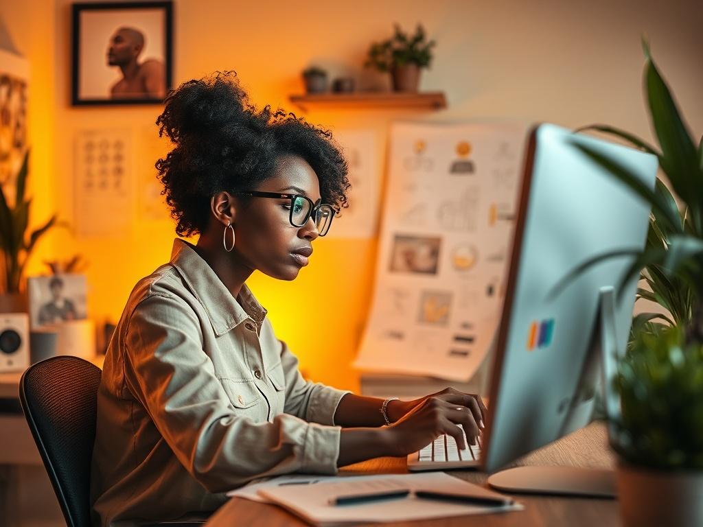 A cozy, golden-hued workspace featuring a single graphic designer focused intently on their computer screen. The designer is a young Black woman, wearing glasses and a stylish outfit, surrounded by sketches and colorful design elements. Soft lighting creates a serene atmosphere, enhancing the creative vibe of the space. The background includes a wooden desk and potted plants, emphasizing a warm and inviting environment.
