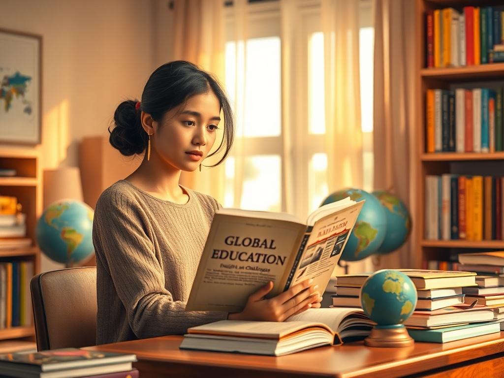 **AI Image Generation Prompt**:

Create a realistic high-resolution photo depicting a thoughtful and introspective young woman sitting at a desk in a cozy, well-lit study. She is engaged in reading a book titled "Global Education: Insights and Challenges." The atmosphere is serene, enhanced with warm, golden hues and soft lighting that creates a welcoming environment. 

The woman, showcasing a mix of curiosity and determination, symbolizes the pursuit of knowledge and the importance of education. Surround h