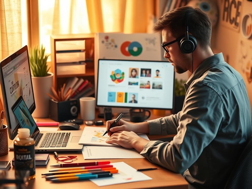 A cozy workspace featuring a professional graphic designer at work, surrounded by design tools such as a laptop, sketchbook, and colorful design materials. The background should be softly lit with golden hues, creating a serene atmosphere. The designer is focused on creating a vibrant logo design, with a warm and inviting workspace that inspires creativity. Ensure the composition is simple, with the designer as the central subject, and the lighting enhances the golden tones.