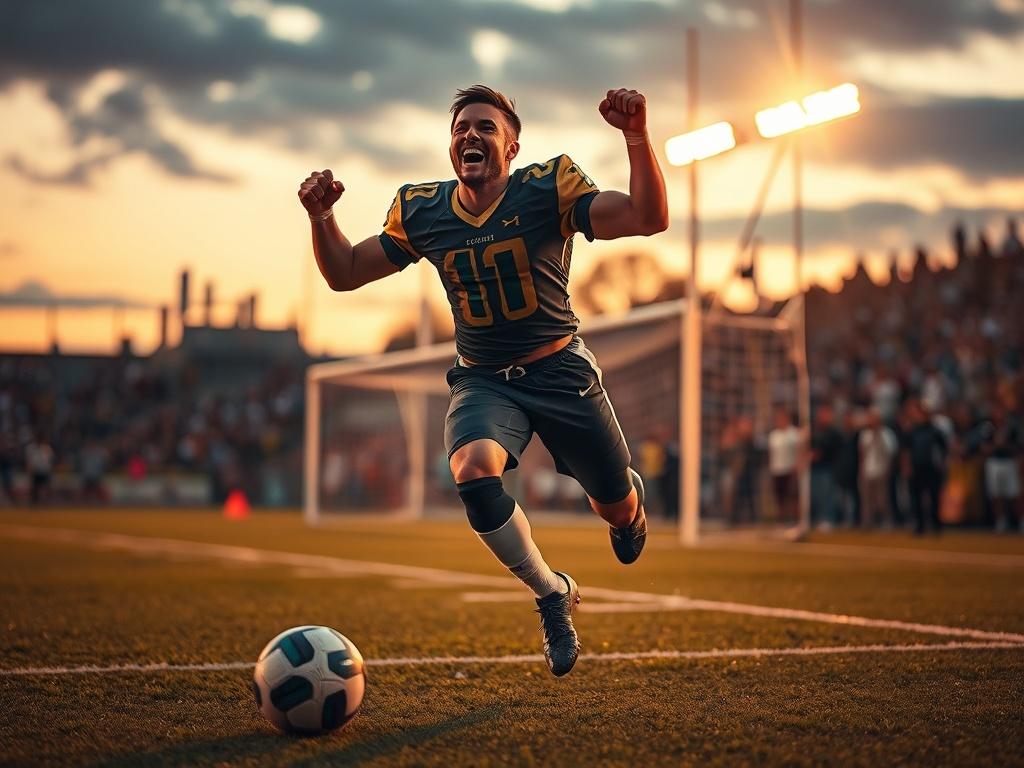 **AI Image Generation Prompt:**

Create a realistic high-resolution image that encapsulates the essence of a "Champion Mentality." The composition should feature a single, determined football player in mid-action, celebrating a hard-fought victory on a football pitch. Their expression should radiate joy and triumph, embodying the winning mentality associated with champions.

The player should be wearing a complete football uniform, including cleats, and show signs of sweat and effort, symbolizing dedication