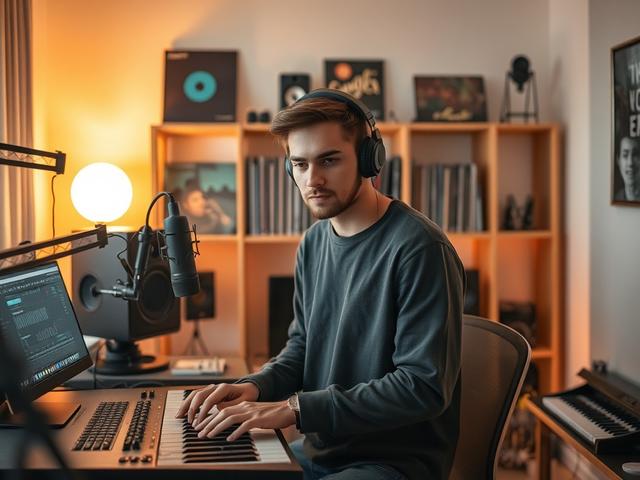 **AI Image Generation Prompt:** 

Create a realistic, high-resolution photo that encapsulates the essence of music production as a means to unlock creative potential. Focus on a single subject: a young, enthusiastic music producer immersed in their craft. Position the subject centrally in a modern home studio environment, surrounded by professional equipment such as a mixing console, microphones, and a laptop displaying music production software.

The producer, who is in their late 20s, has a focused expression, with their hands on the keyboard or mixer, highlighting their engagement with the creative process. The background should feature soft golden hues and warm, ambient lighting, creating a cozy and inviting atmosphere. Shelves behind the producer should display music-related items like vinyl records and sound equipment, subtly indicating their passion for music. 

Ensure the composition is simple yet effective, with a clear focus on the subject, capturing the essence of inspiration and creativity that music production can bring to life. The overall image should evoke feelings of motivation and artistic exploration, perfectly complementing the theme of unlocking one's creative potential through music production.