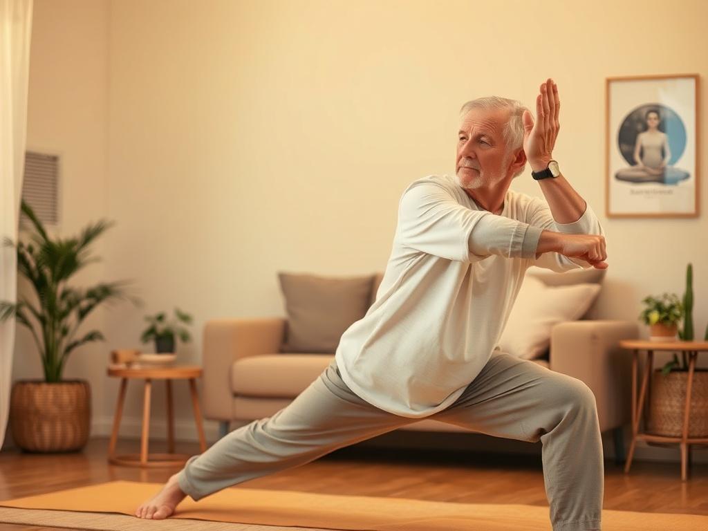 **AI Image Generation Prompt:**

Create a realistic high-resolution photo that encapsulates the essence of a blog titled "How to Avoid Arthritis". The image should primarily feature a middle-aged person, either male or female, engaged in a gentle stretching exercise or yoga pose in a serene indoor setting. This individual should be dressed comfortably in light, breathable clothing, showcasing an expression of calm concentration and determination.

The background should depict a cozy, inviting room bathed in