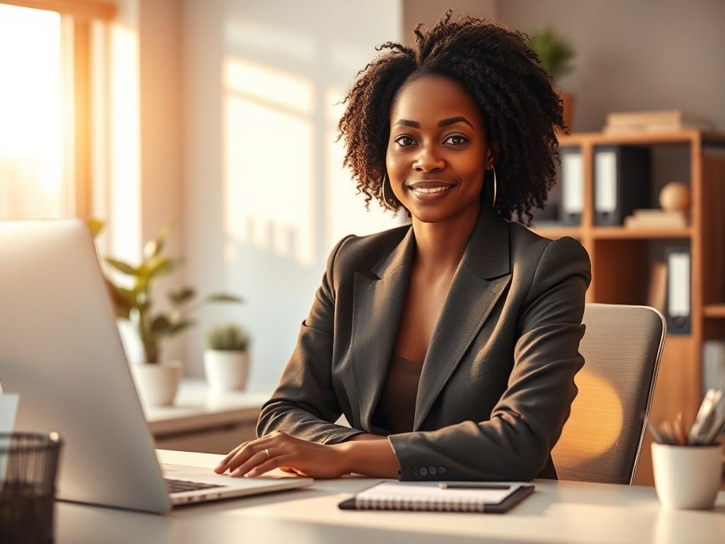 **Prompt for AI Image Generator:**

Create a realistic high-resolution photo that visually encapsulates the theme "How to Overcome a Toxic Working Environment." The composition should be simple and clear, featuring a single subject – a professional-looking individual in their late 30s, who displays resilience and calmness while sitting at a neatly organized desk in a modern office. The subject, a woman of African descent, should have a confident demeanor, dressed in smart business attire with a subtle smile