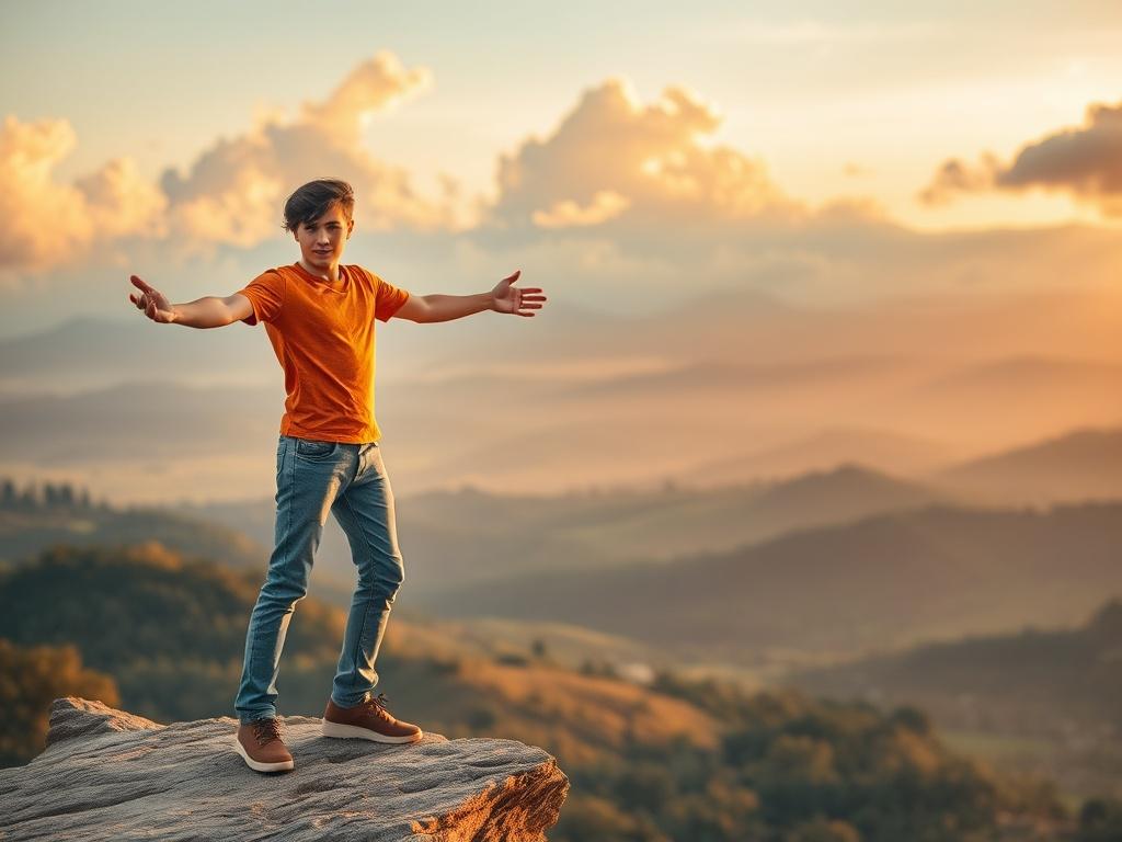 **AI Image Generation Prompt:**

Create a realistic high-resolution photo that embodies the theme "Unleashing Your Inner Potential." The composition should be simple and clear, focusing solely on one subject—a young adult standing with confidence at the edge of a serene cliff overlooking a tranquil valley at sunset. The subject should be portrayed in a powerful stance, arms slightly outstretched as if ready to embrace their journey of self-discovery. 

The background should feature a breathtaking view of ro