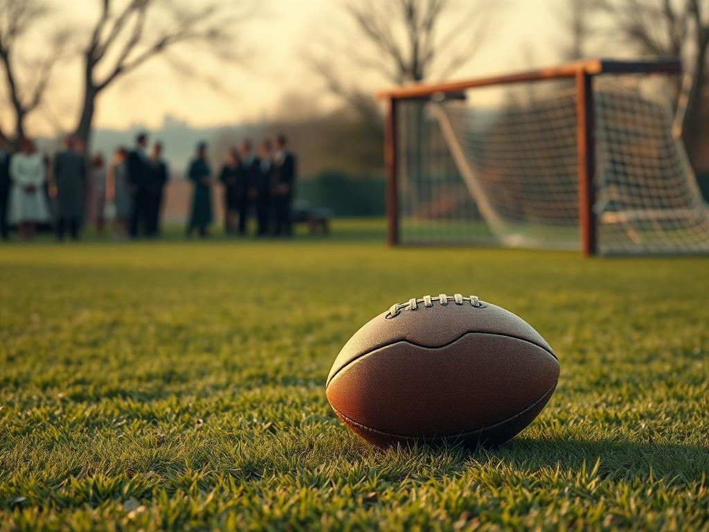 Prompt for AI Image Generator:

Create a realistic high-resolution image that captures the essence of "The First Ever Football Competition," held in England in 1863. The composition should be simple and clear, showcasing a lone football as the central subject. The football should be an authentic leather sphere, slightly worn, symbolizing the historic period of early football. 

In the background, depict a verdant, grassy field with a rustic wooden goalpost to represent the humble beginnings of the sport. Th
