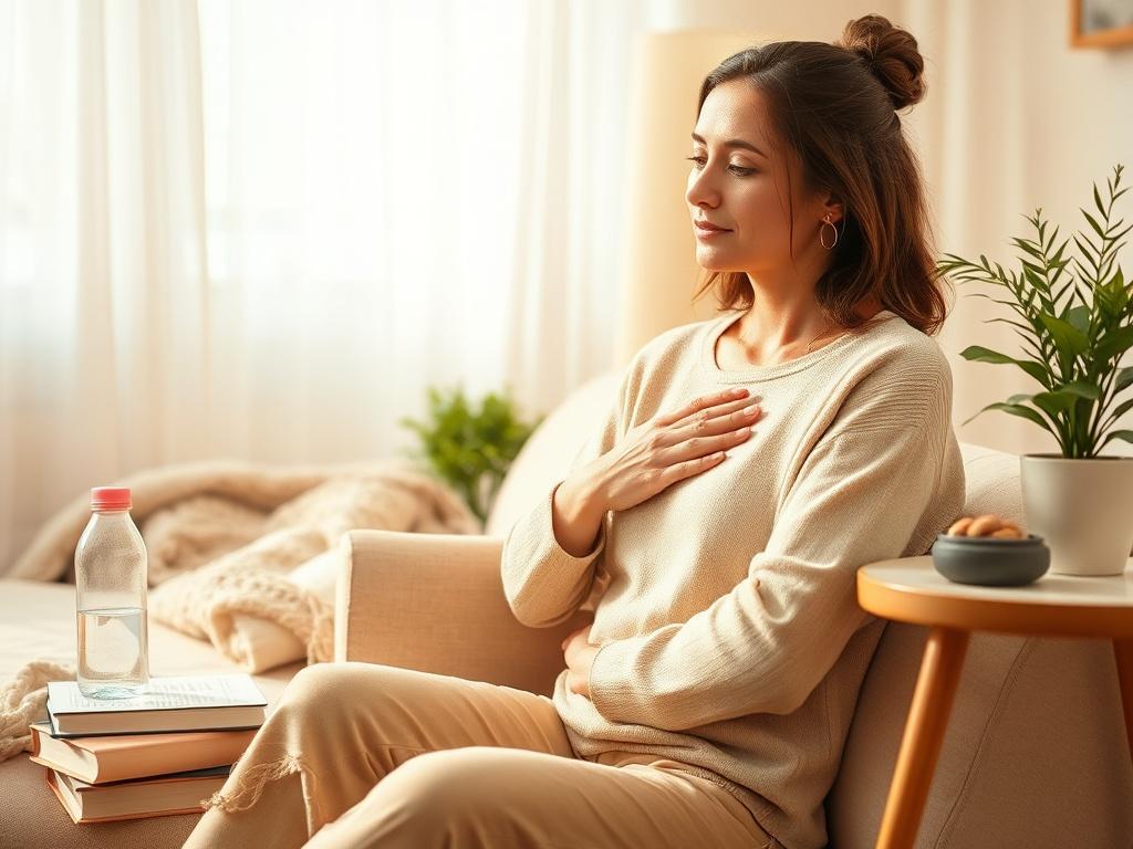 **AI Image Generation Prompt:**

Create a realistic high-resolution photo that encapsulates the themes surrounding the blog titled "Causes of Breast Cancer." The composition should be simple and clear, with one central subject that draws the viewer’s attention. 

**Subject Matter:** Feature a female figure in a serene setting, embodying health and vitality. She should be sitting comfortably in a well-lit room, gently touching her breast with a contemplative expression. This pose symbolizes self-examination 