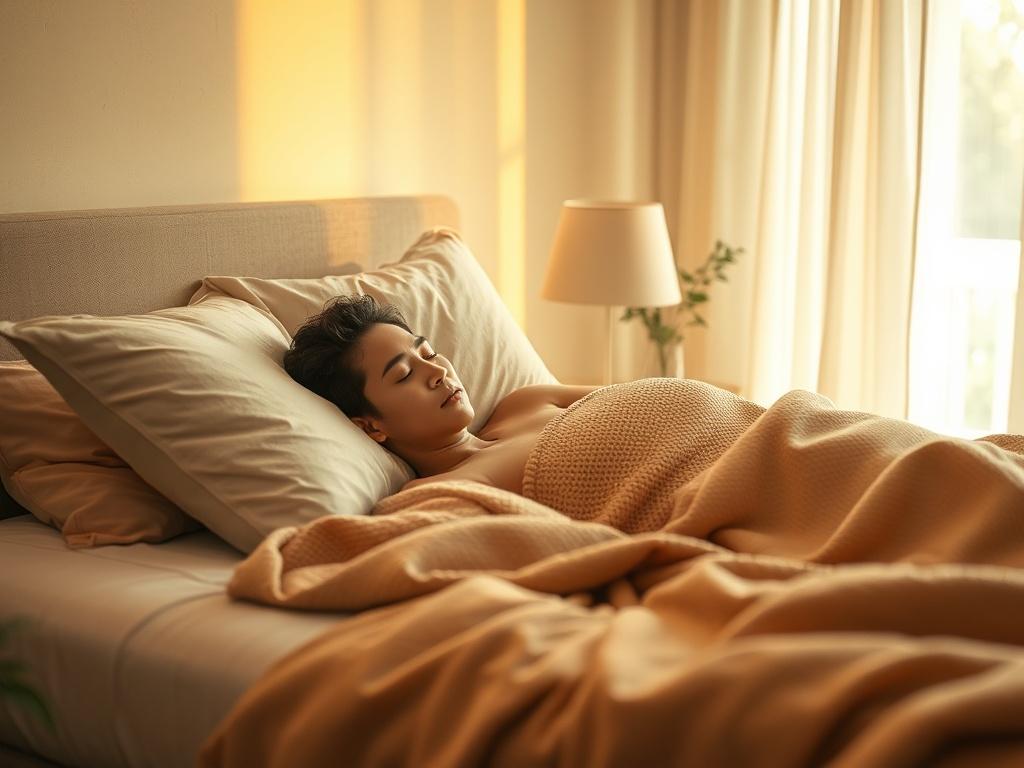 Create a realistic high-resolution photo that captures the essence of a blog titled "What Causes Sleep." The composition should be simple and clear, featuring a serene and inviting bedroom scene that embodies relaxation and tranquility. 

**Subject Matter:** Position a cozy, neatly made bed in the foreground, complete with soft, inviting pillows and a warm, textured blanket. A peaceful slumbering individual should be the sole focus of the image, lying comfortably on their side, with an expression of calm an