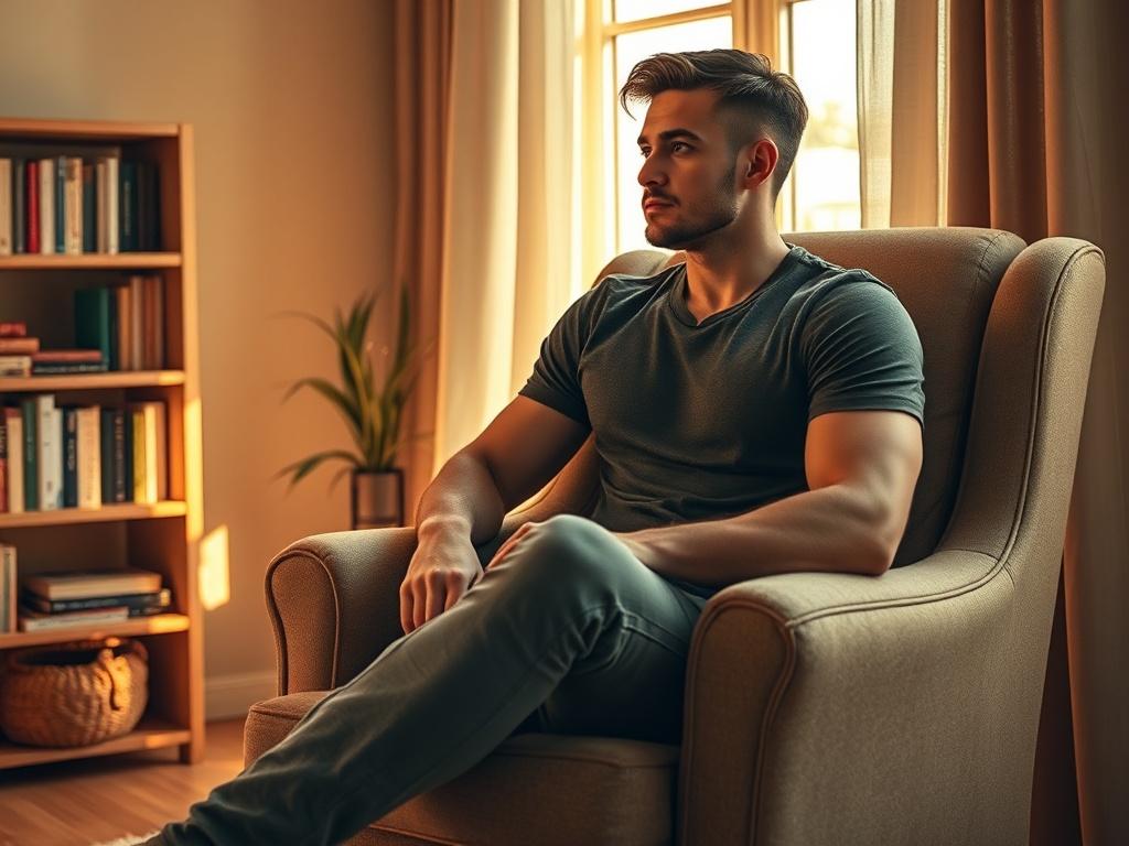 **Prompt for AI Image Generator:**

Create a highly realistic, high-resolution photograph that captures the essence of self-reflection and inner peace related to the blog titled “How to Control Your Libido.” The composition should be simple and clear, featuring a solitary subject seated on a plush armchair in a serene, warmly lit room. 

**Subject Matter:**
The subject is a contemplative individual, a fit adult male (Caucasian) in his early 30s with an introspective expression, gazing out of a window. He sh