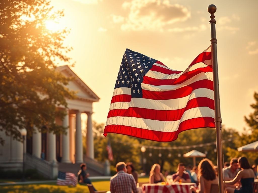 **AI Image Generation Prompt:**

Create a realistic high-resolution photo that captures the essence of the United States of America Independence Day. The composition should be simple and focused on one central subject: a proud American flag waving in the breeze, symbolizing freedom and patriotism. The flag should be prominently displayed in the foreground, showcasing its vibrant colors of red, white, and blue.

In the background, depict a serene summer sky painted in warm golden hues, with soft, dappled sun