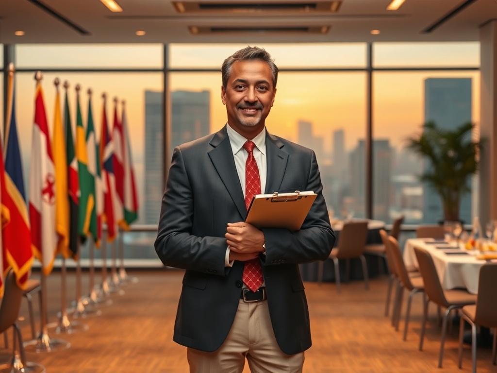 **AI Image Generation Prompt:**

Create a realistic high-resolution image to represent a blog titled "International Bar Association." The composition should be simple and clear, featuring a solitary, distinguished figure in formal attire, standing confidently in a modern conference room setting. 

The subject should be a middle-aged, diverse male lawyer, with a warm yet assertive demeanor, looking directly into the camera to convey professionalism and engagement. He should be holding a clipboard filled with