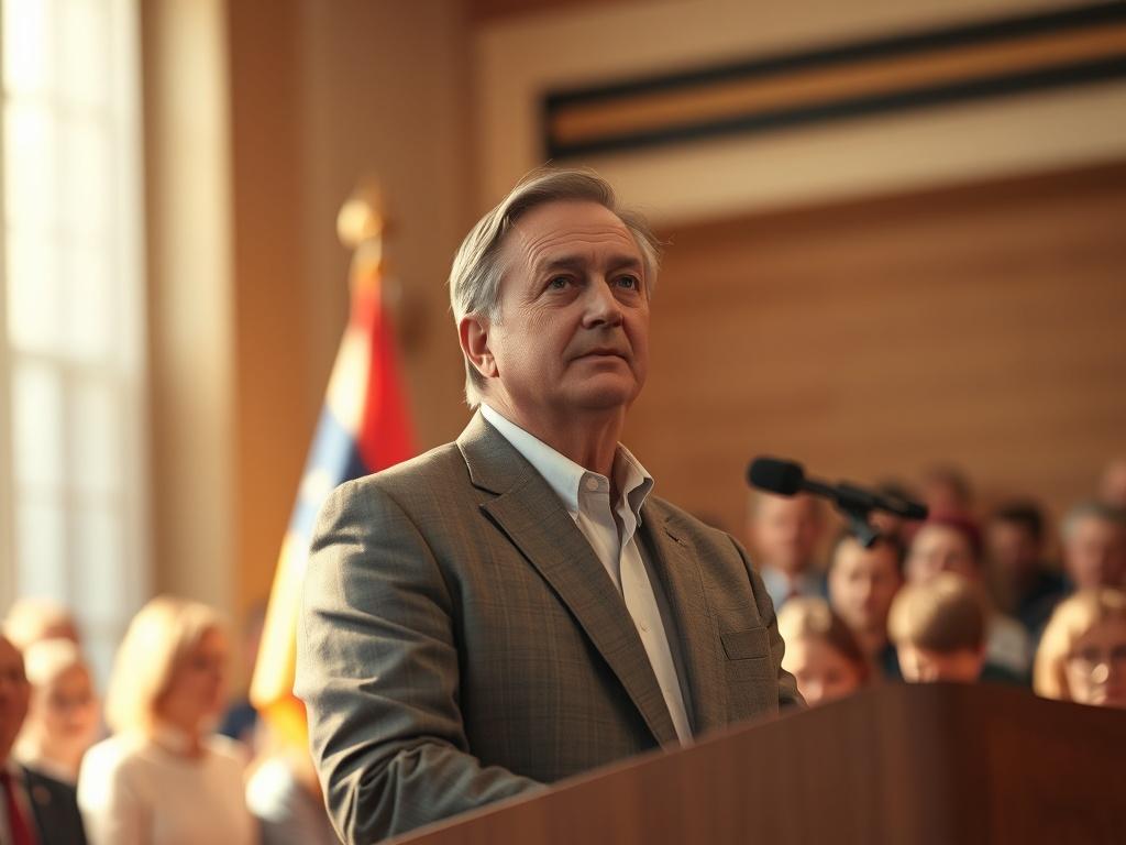 **AI Image Generation Prompt:**

Create a realistic high-resolution photo that embodies the essence of a blog titled, "The Beauty of Politics." The composition should be simple and clear, featuring a single subject: a thoughtful politician standing at a podium in a serene, warmly lit setting.  

The politician, a middle-aged individual with an approachable demeanor, should be conveying a message of hope and unity. They are wearing a tailored suit that symbolizes professionalism and dedication. Their express