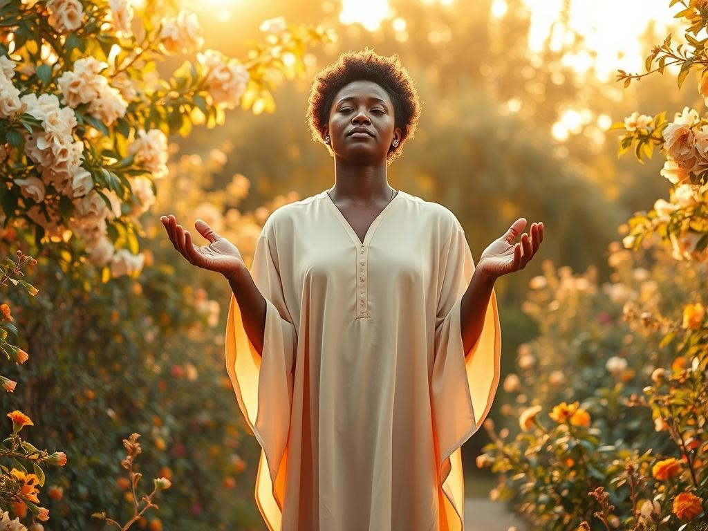 Create a realistic high-resolution photo that embodies the essence of spiritual guidance on the topic "How to Attract God's Favour and Blessings." 

**Composition**: The image should have a simple and clear composition, featuring a single subject that captures the viewer's attention. 

**Subject Matter**: Center the image on a serene person of African descent, dressed in flowing, light-colored garments that evoke a sense of peace and abundance. This individual should be depicted in a moment of reflection or