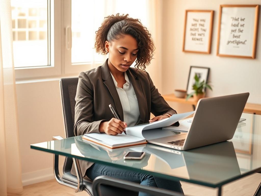 **AI Image Generator Prompt:**

Create a realistic high-resolution photo that embodies the essence of the blog titled "How to be Business Minded." The composition should be simple and clear, featuring a single subject—a young, professional individual sitting at a modern desk in a well-lit, serene office space.

The subject should be depicted as an African descent woman in her late 20s, wearing smart casual attire, exuding confidence and focus. She should be thoughtfully analyzing business documents and jott