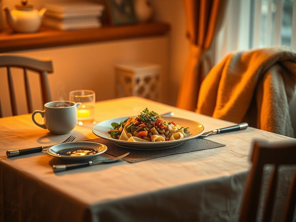 **AI Image Generation Prompt:**

Create a realistic high-resolution photo that captures the essence of the blog titled "Why Do We Fall Asleep After Eating." The composition should feature a single subject: a cozy dining table set for a meal. The table should be adorned with a delicious, well-presented plate of food, perhaps a steaming bowl of pasta or a colorful salad, inviting viewers to imagine the meal. 

The background should be softly blurred to create a serene atmosphere, enhancing the focus on the ta