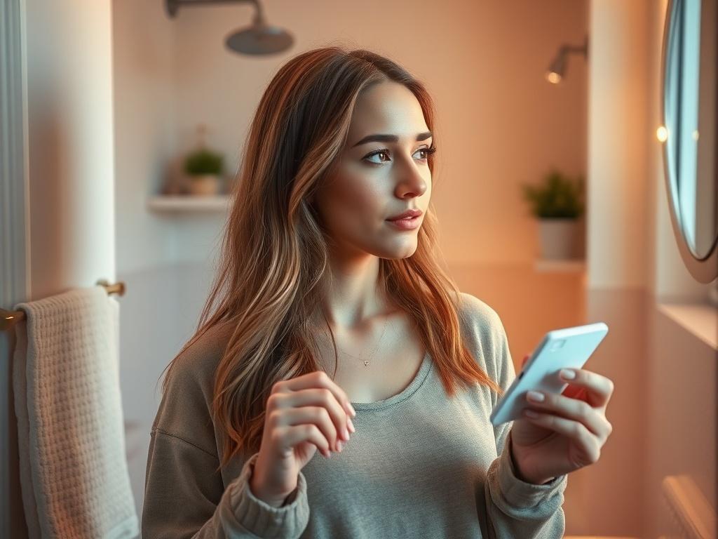 **AI Image Generation Prompt:**

Create a realistic high-resolution image that captures the essence of a blog titled "How to Check Pregnancy at Home." The composition should be simple and clear, focusing on one main subject: a serene and thoughtful woman in her bathroom, reflecting a moment of introspection as she considers her potential pregnancy. 

The woman should be holding a home pregnancy test, displaying a sense of calm yet curiosity. She has a gentle expression, embodying hope and contemplation. Sur