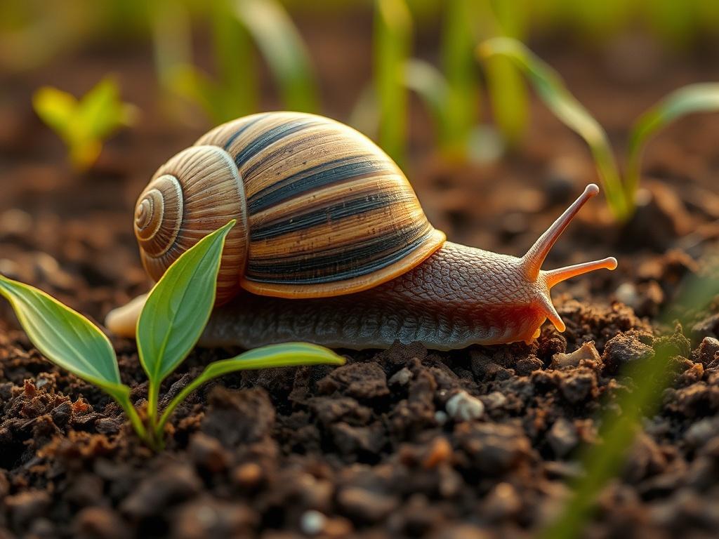 **AI Image Generation Prompt:**

Create a realistic high-resolution image that visually encapsulates the essence of snail farming, perfectly suited for a blog titled "How to Farm Snail." The composition should be simple and clear, focusing on a single subject: a vibrant, well-fed African giant snail (Achatina fulica) crawling on a bed of lush, moist soil with a few green leaves in the foreground. The snail should be prominently displayed, highlighting its unique shell patterns and textures.

The background 