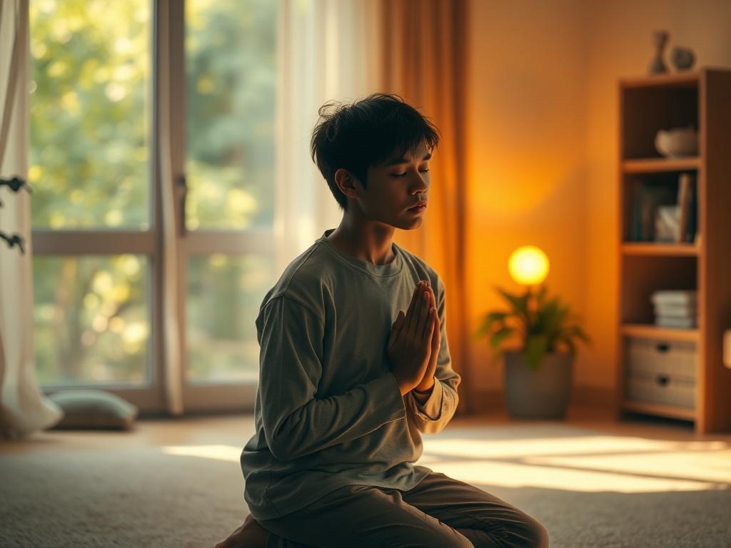 **AI Image Generation Prompt:**

Create a realistic high-resolution photo that captures the essence of a blog titled "How Not to Pray Amiss." The composition should be simple, focusing on a single subject. Place a serene figure of a person in the foreground, kneeling in prayer with an earnest expression, reflecting a deep connection to faith. 

The subject should be a young adult, dressed in modest, casual attire, with eyes closed and hands gently clasped together, reflecting a posture of humility and devot