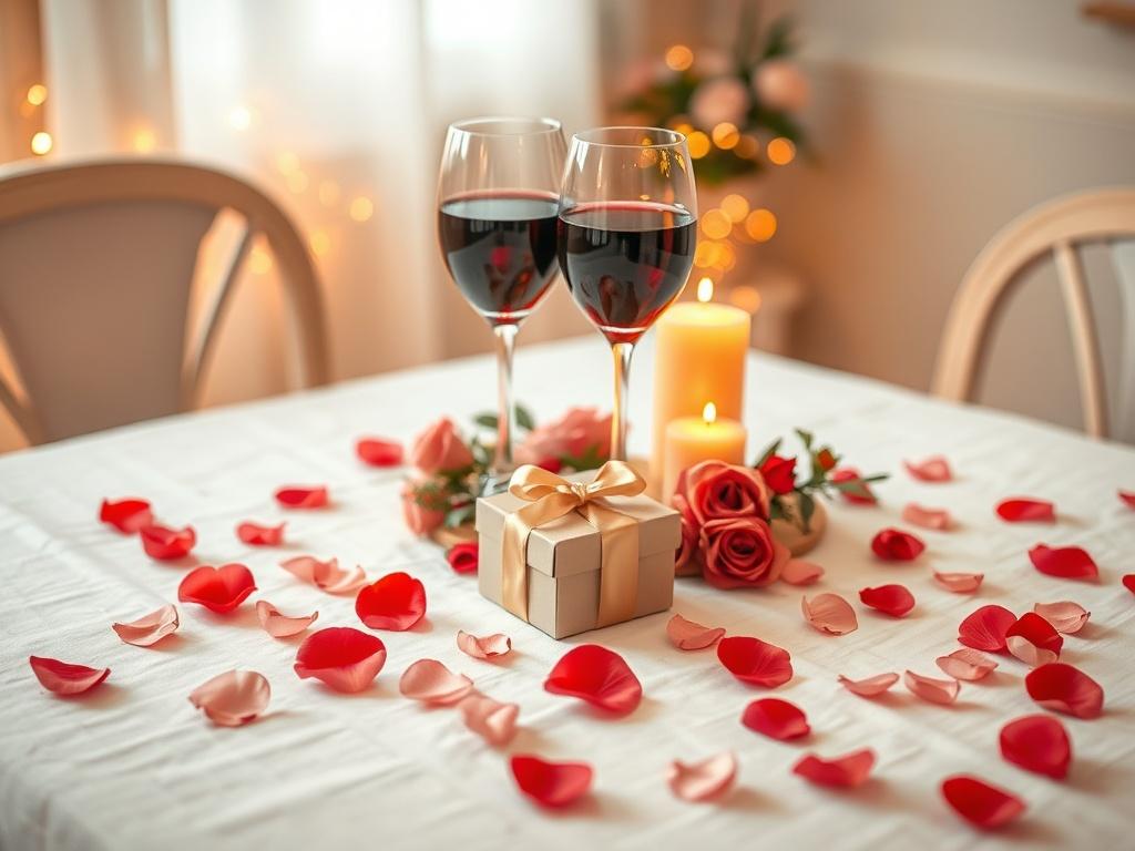 **AI Image Generation Prompt: Valentine Day**

Create a high-resolution photo that encapsulates the essence of Valentine’s Day. The composition should be simple and clear, featuring a single subject: a beautifully arranged table set for a romantic dinner. 

**Subject Matter**: The table should be adorned with a crisp white tablecloth, delicate pink and red rose petals scattered artistically across the surface. At the center, place a pair of elegant wine glasses filled with a deep crimson wine. Surround the 
