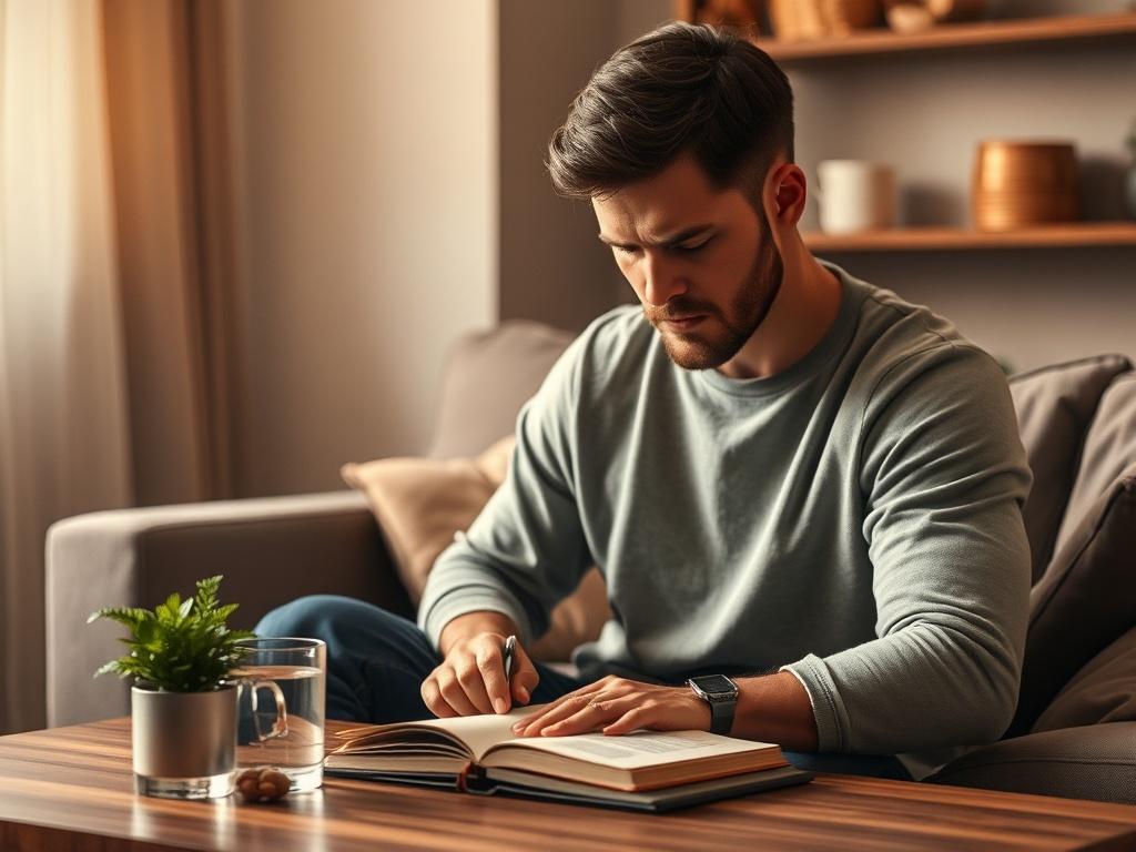 **Prompt for AI Image Generator:**

Create a realistic high-resolution photo that visually represents the theme of a blog titled "Causes of Low Sperm Count." The composition should be simple and clear, focusing on a single subject—a concerned and thoughtful man in his 30s, symbolizing the journey of understanding male reproductive health. 

The subject should be seated in a cozy, softly lit home environment, conveying a sense of serenity and contemplation. He should be gazing down at a journal or notebook p