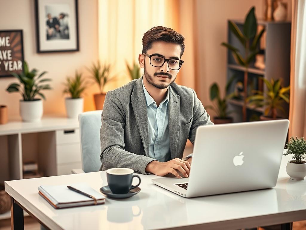 **AI Image Generation Prompt:**

Create a realistic high-resolution photo that visually represents the theme of "How to Make Money from Your Website." The composition should feature a single subject: a confident and professional young entrepreneur sitting at a beautifully arranged desk, working on a laptop. The individual should embody motivation and success, wearing smart casual attire with a focused expression. 

The desk should be organized, displaying tools of digital entrepreneurship such as a notebook