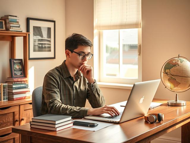Create a realistic high-resolution photo featuring a single focused subject: a thoughtful individual seated at a wooden desk, engaged in blogging on a sleek laptop. The person should appear immersed and inspired, embodying a professional blogger’s demeanor. The setting is a cozy, warmly lit study room bathed in soft golden hues that complement an rgb(193, 153, 87) color palette. The background is clean and inviting, with subtle elements hinting at diverse blog topics—such as a small stack of books represent