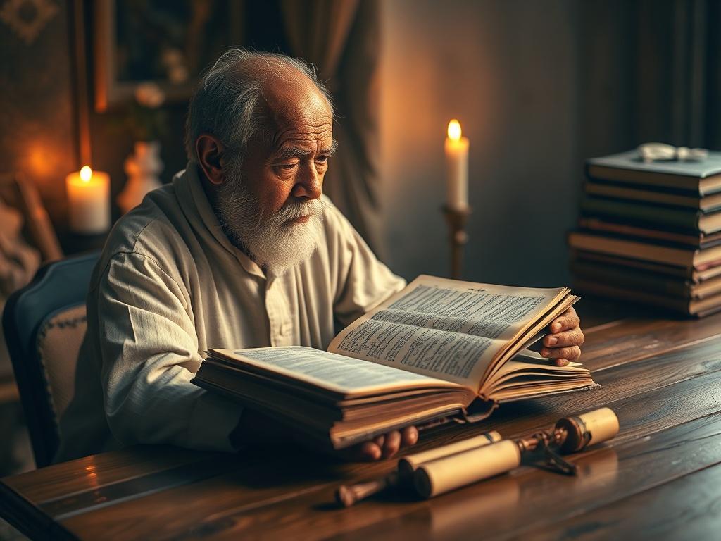 **AI Image Generation Prompt:**

Create a realistic high-resolution photo centered on a serene and contemplative setting that embodies the essence of a blog titled "Difference between Prophecy and Soothsayer." The subject of the image should be a wise, elderly figure seated at a wooden table, deeply engaged in thought as he examines an open, ancient-looking book filled with biblical scriptures. 

The figure should be diverse in ethnicity, reflecting a rich cultural heritage, and dressed in modest, tradition