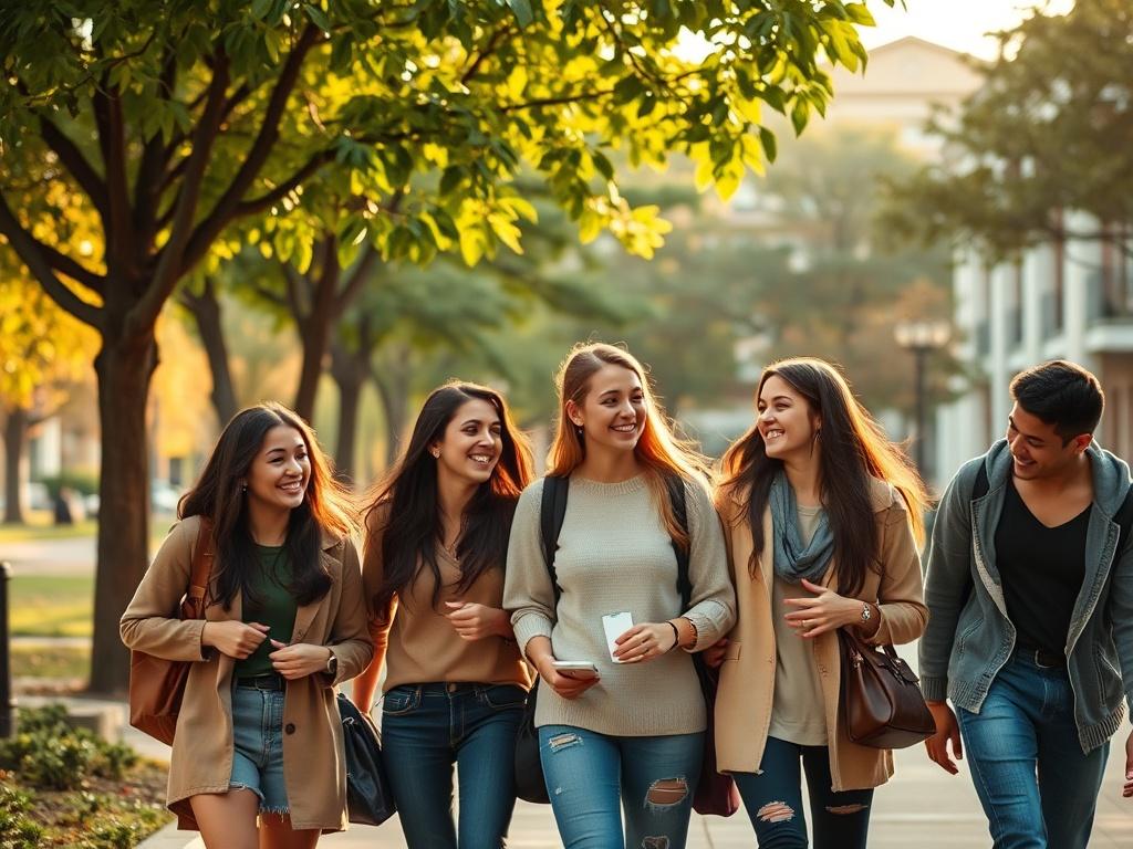 A realistic high-resolution photo of a diverse group of university students walking together on a vibrant campus. The scene captures them laughing and chatting, with trees and academic buildings in the background. The lighting is soft and warm, creating a cozy atmosphere, and the students are dressed casually, embodying a relaxed and friendly vibe. The colors are harmonious with shades of green, beige, and golden hues.