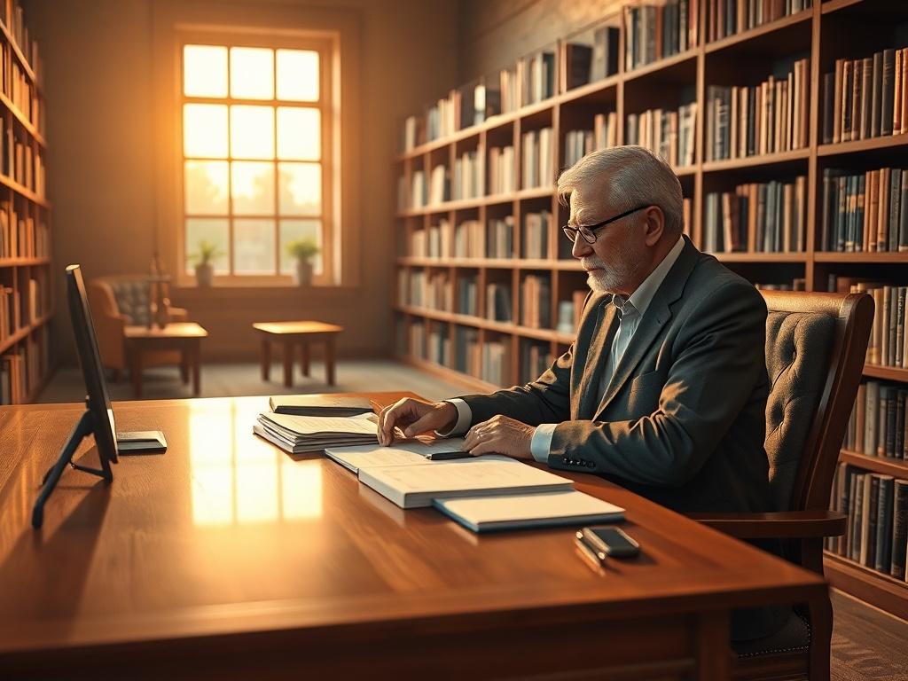 **AI Image Generation Prompt:**

Create a realistic high-resolution photo that showcases a solitary university professor sitting at a large, polished wooden desk, deeply engaged in reviewing a list of courses offered at universities worldwide. The professor should be an elderly man with glasses, dressed in smart-casual attire, emanating wisdom and experience. The desk should be adorned with neatly organized papers, highlighting various academic disciplines, such as science, arts, engineering, and humanities